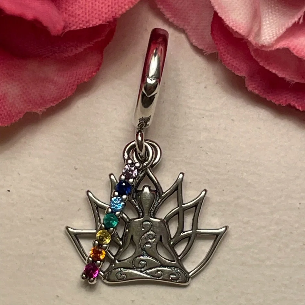 Bracelet Charm Chakra Colors and Lotus Flower Sterling Silver